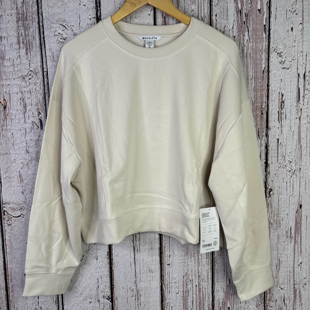 🏷️NWT Athleta Size XL Seasoft Rib Crewneck Sweatshirt in Bone (Ivory) Suede-Soft